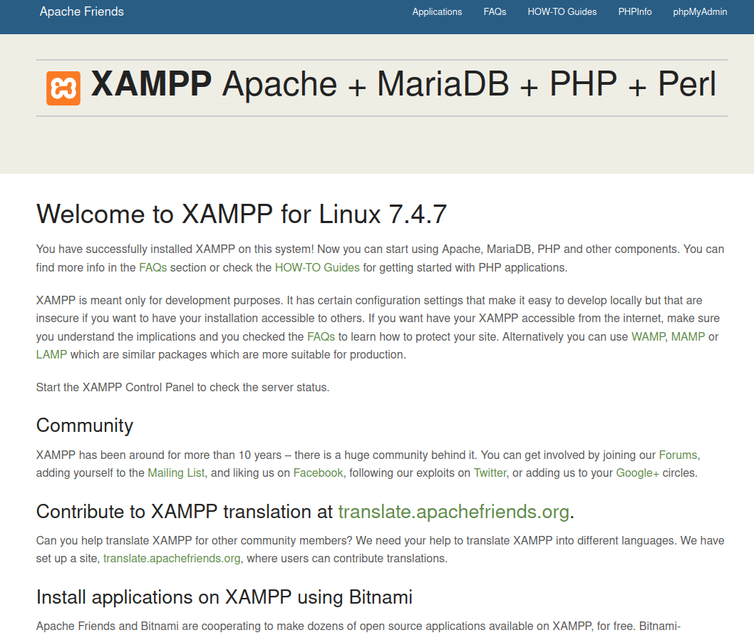 Kezdőlap a XAMPP indítása utána (verziónként különbözhet)