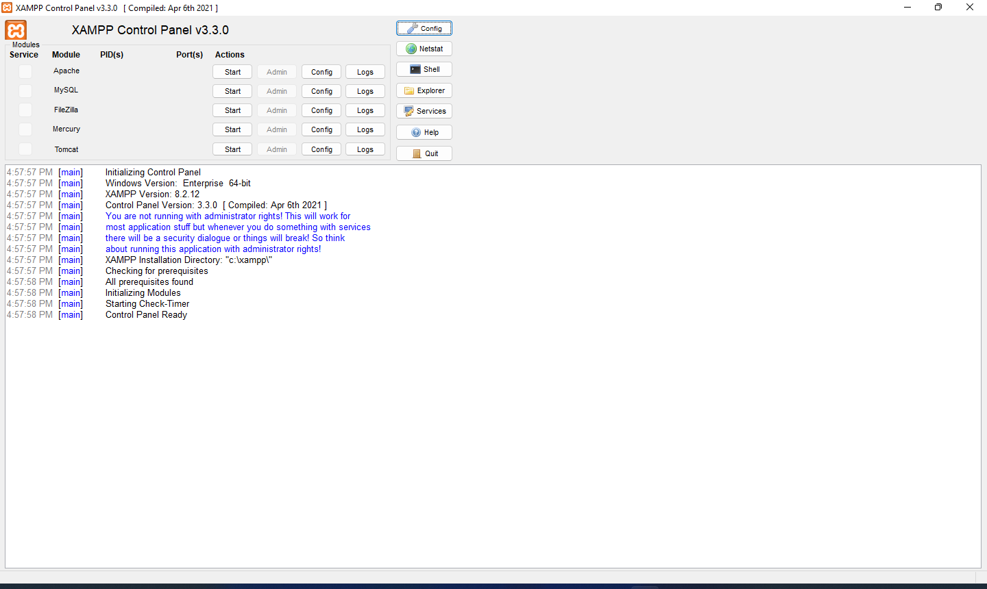 A XAMPP Control Panel ablaka